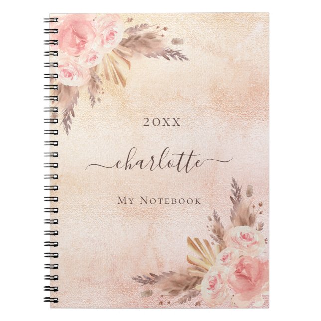 Caderno Espiral Pampas rosa ouro floral (Frente)