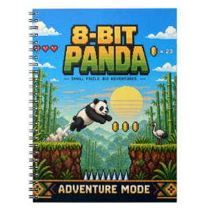 Caderno Espiral Panda, Arte Pixel Retro de 8 Bits