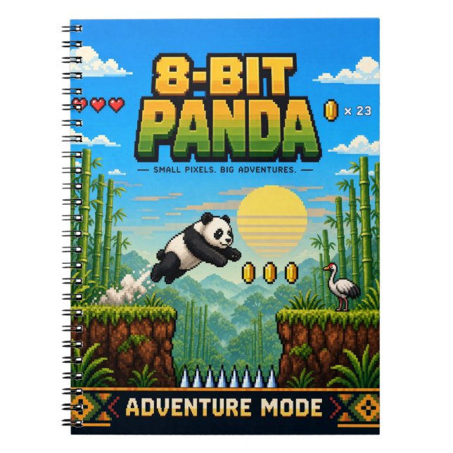 Caderno Espiral Panda, Arte Pixel Retro de 8 Bits (Frente)