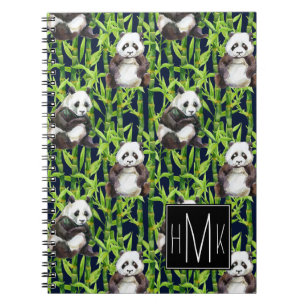 Caderno Espiral Panda com monograma de bambu do teste padrão da