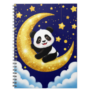 Caderno Espiral Panda Fofo Sentado numa Lua Crescente Dourada