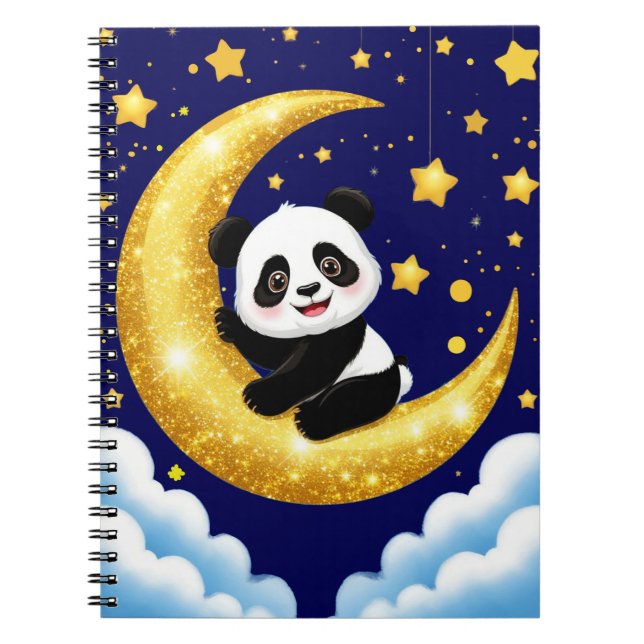Caderno Espiral Panda Fofo Sentado numa Lua Crescente Dourada (Frente)