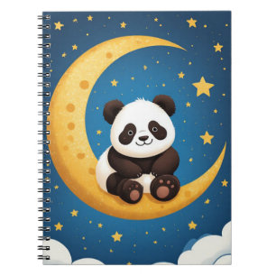 Caderno Espiral Panda Fofo Sentado numa Lua Crescente Dourada