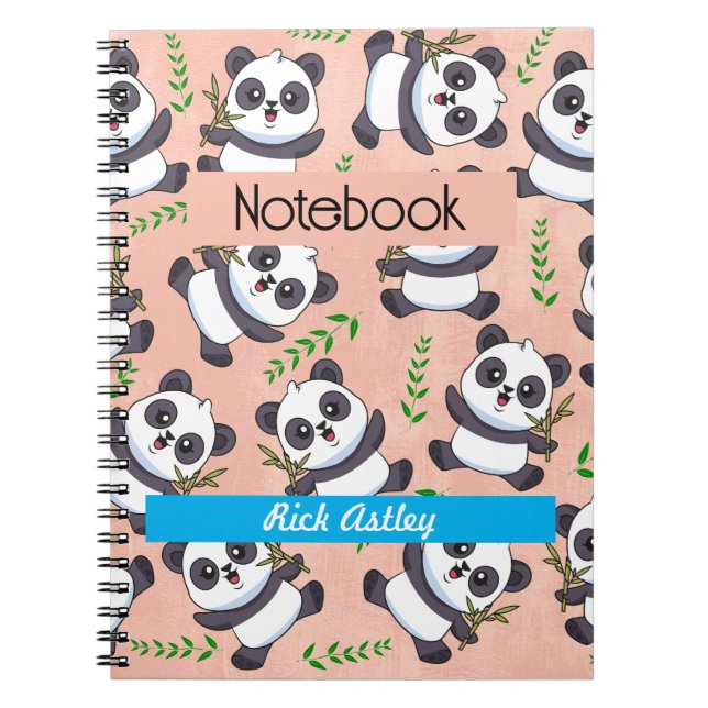 Caderno Espiral Panda Personalizado Folha de Bambu Fundo Rosa (Frente)