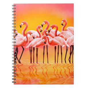 Caderno Espiral Panorama de flamingos cor-de-rosa brilhante