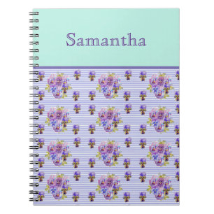 Caderno Espiral Pansy Flower Aqua Stripe art floral Girls Name