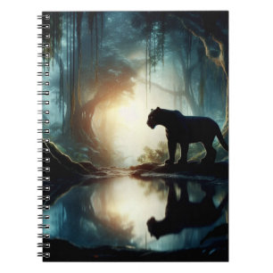 Caderno Espiral Pantera Negra Refletida na Piscina de Água na Selv