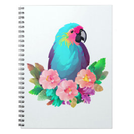 Caderno Espiral Papagaio Azul Tropical com Flores Tropicais