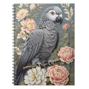 Caderno Espiral Papagaio-Cinza Africano Gordo Com Florais Elegante