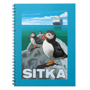 Caderno Espiral Papagaio-do-mar & navio de cruzeiros - Sitka,