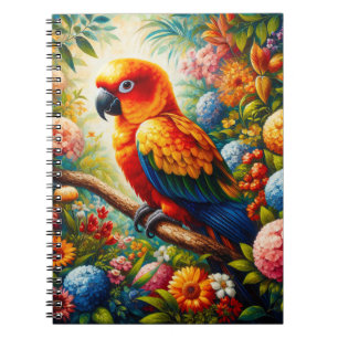 Caderno Espiral Papagaio Sun Conure com Flores Coloridas