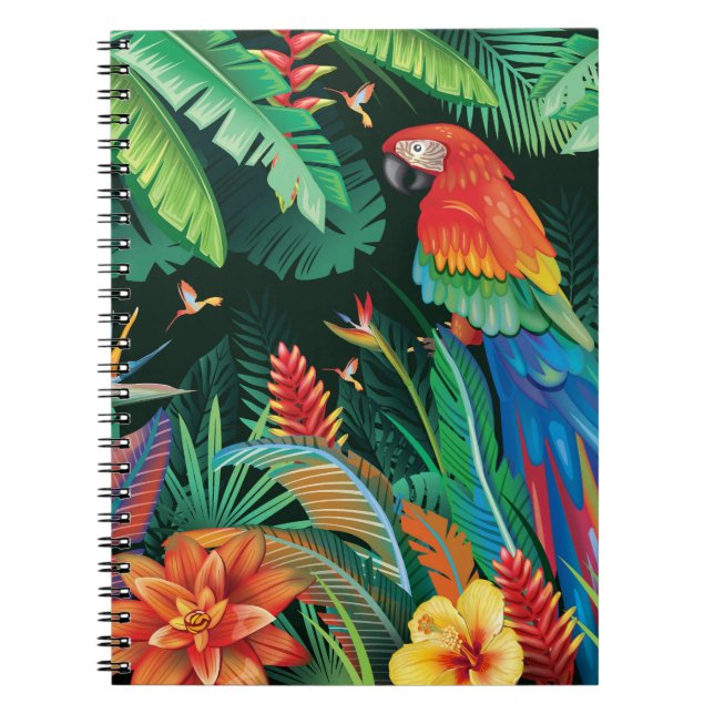 Caderno Espiral Papagaio Tropical: Fundo Floral Exótico. (Frente)