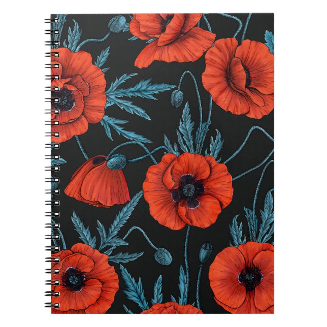 Caderno Espiral Papagaios, vermelhos e azuis em preto (Frente)