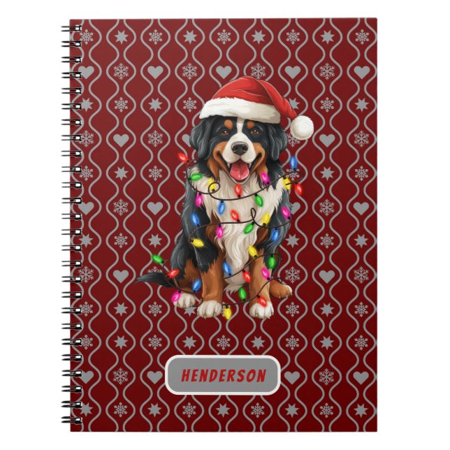 Caderno Espiral Papais noeis de Cachorro Bernês de Natal Nome Pers (Frente)