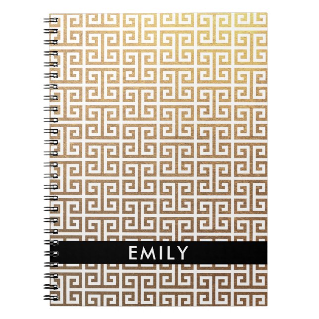 Caderno Espiral Papel Alumínio Dourado Personalizado e Chave Grega (Frente)