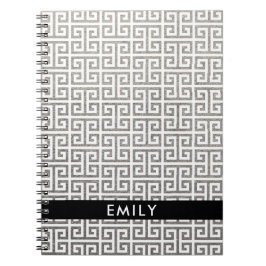 Caderno Espiral Papel Prata Personalizado e Chave Grega Branca