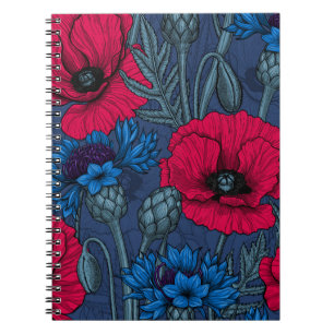 Caderno Espiral Papoilas vermelhas e flores azuis em azul