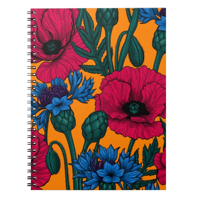 Caderno Espiral Papoilas vermelhas e flores azuis em laranja (Frente)