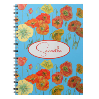 Caderno Espiral Papoula Laranja Vermelha Papoulas floral Azul Nome