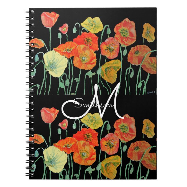 Caderno Espiral Papoula Laranja Vermelha Preto Papoulas floral Aqu (Frente)