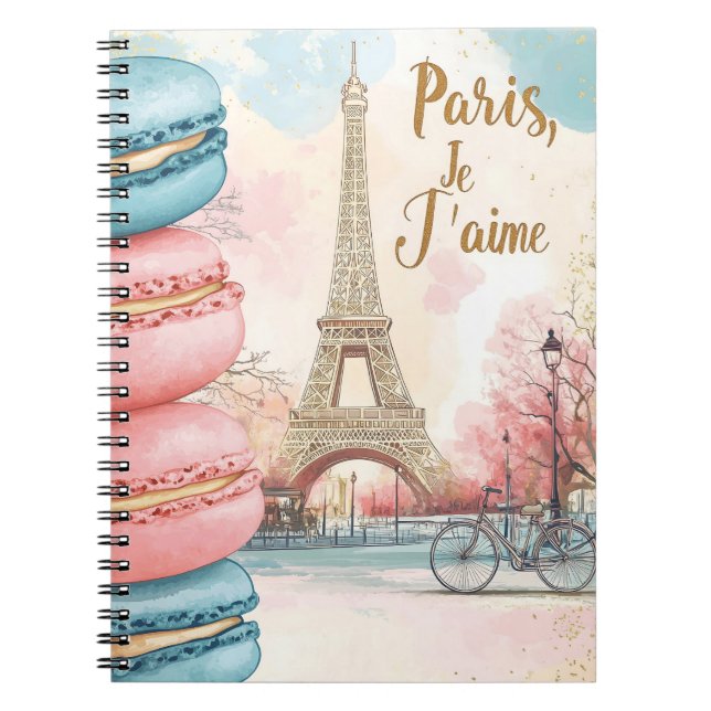 Caderno Espiral Paris, Je T'aime - Torre Eiffel com Macarons (Frente)