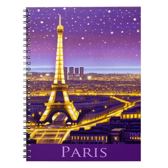 Caderno Espiral Paris sob um céu estrelado roxo (Frente)