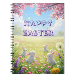 Caderno Espiral Páscoa Lavanda Coelhinho Branco Floral Primavera