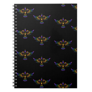 Caderno Espiral Pássaro abstrato Dourado, roxo e verde a preto
