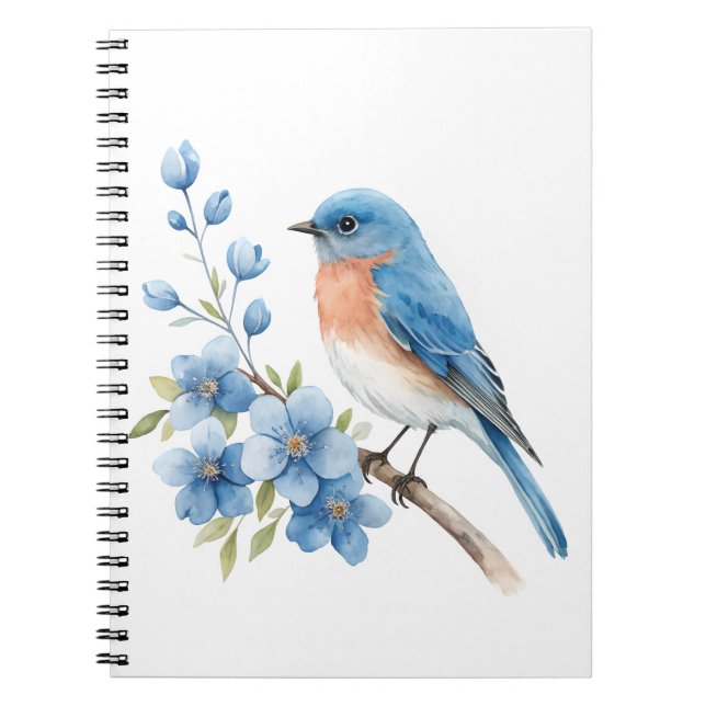 Caderno Espiral Pássaro azul com flores azuis (Frente)