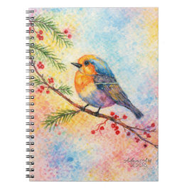 Caderno Espiral Pássaro Cantor de Inverno Colorido no Ramo de Frut