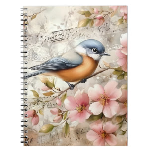 Caderno Espiral Pássaro Cantor Flores Cor-de-Rosa