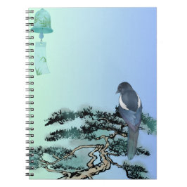 Caderno Espiral Pássaro Elegante da Pega & Bonsai Japonês com Cord
