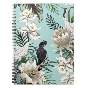 Caderno Espiral Pássaro-guindaste tropical, papagaio, lotus flow