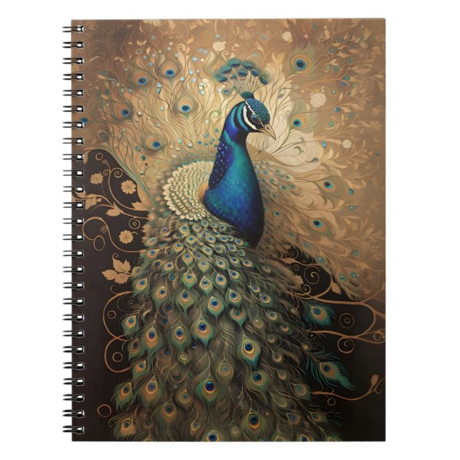 Caderno Espiral Pássaro Peacock Ouro Elegante (Frente)