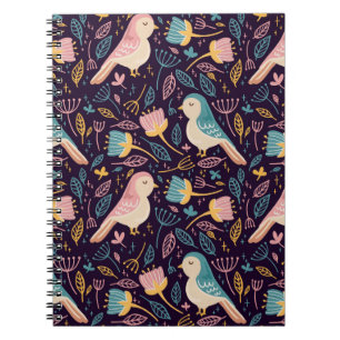 Caderno Espiral Pássaros azuis e cor-de-rosa com flores e folhas