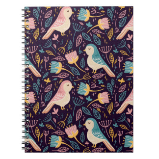 Caderno Espiral Pássaros azuis e cor-de-rosa com flores e folhas n