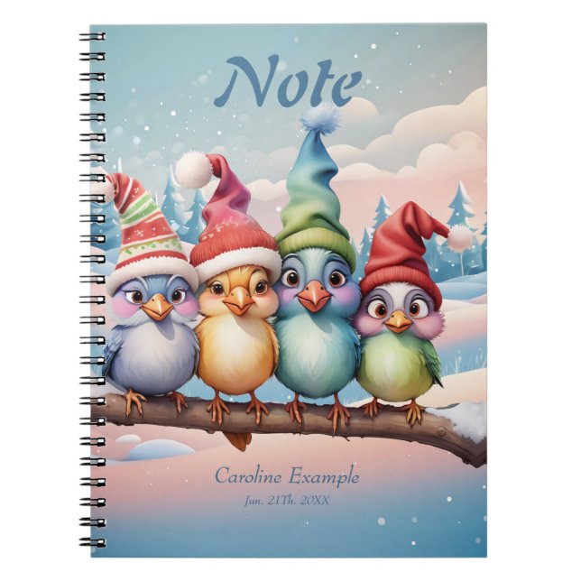 Caderno Espiral Pássaros bonitos de fantasia com chapéus de Natal (Frente)