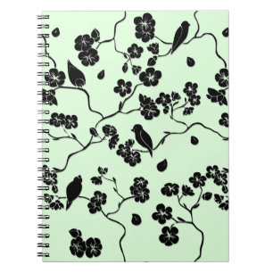 Caderno Espiral Pássaros com flores de cereja pretas em verde-mint