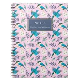 Caderno Espiral Pássaros de Martim-pescador Rosa Fofo Padrão Flora
