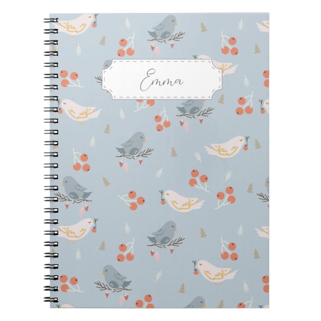 Caderno Espiral Pássaros de Natal Personalizáveis Padrão Invisível (Frente)