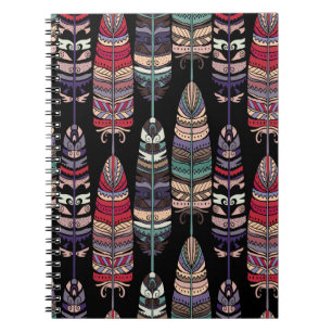 Caderno Espiral Pássaros Penas Arte Tribal Sem Costura