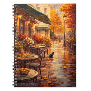 Caderno Espiral Passeio de Outono no Café com Gato Aconchegante
