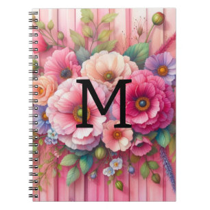 Caderno Espiral Pastas de monograma de aquarelas flores em madeira