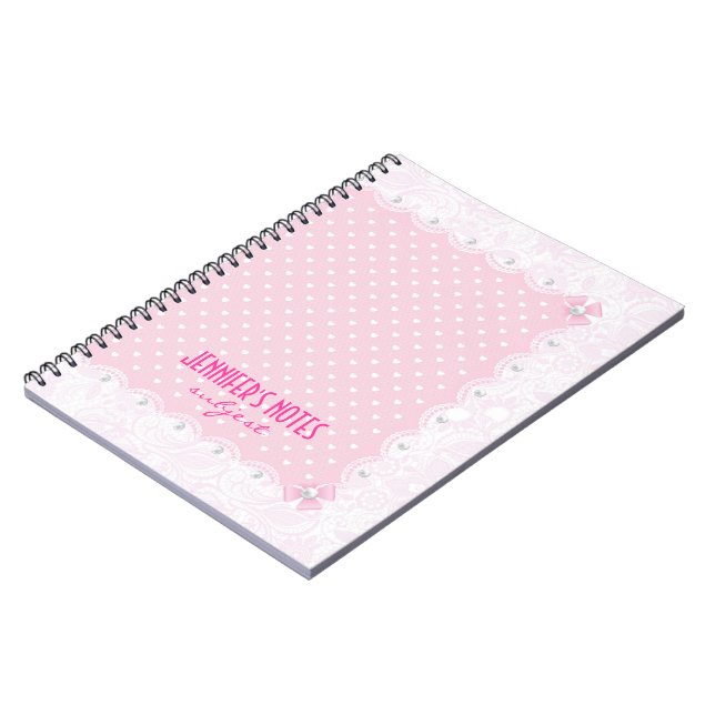 Caderno Espiral Pastel Cor-de-rosa rendas e pérolas brancas (Left Side)