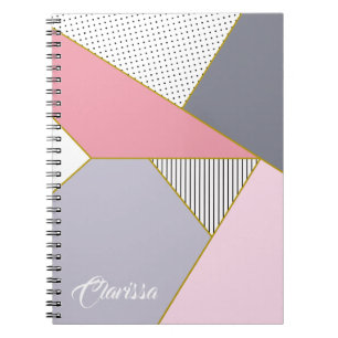 Caderno Espiral Pastel de bolinhas de faixas geométricas Elegante