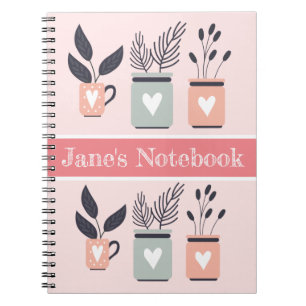 Caderno Espiral Pastel, rosa e cinzas, plantas modernas potes