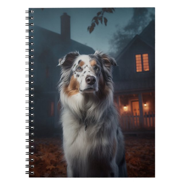 Caderno Espiral Pastor Australiano de Halloween Assustador (Frente)