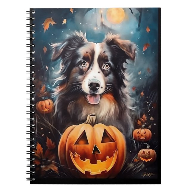 Caderno Espiral Pastor Australiano de Halloween com Abóboras Assus (Frente)