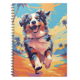Caderno Espiral Pastor australiano numa praia tropical