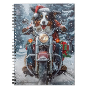 Caderno Espiral Pastor Australiano Pilotando Moto Natal